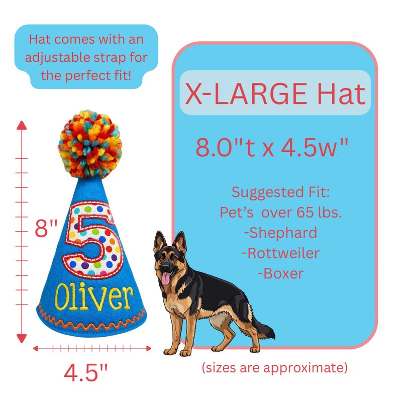 May include: A blue birthday hat for dogs, 8 inches tall and 4.5 inches wide, with a colorful pom-pom and the number 5. The hat is labeled "Oliver" and is suggested for pets over 65 lbs, including Shepherds, Rottweilers, and Boxers.