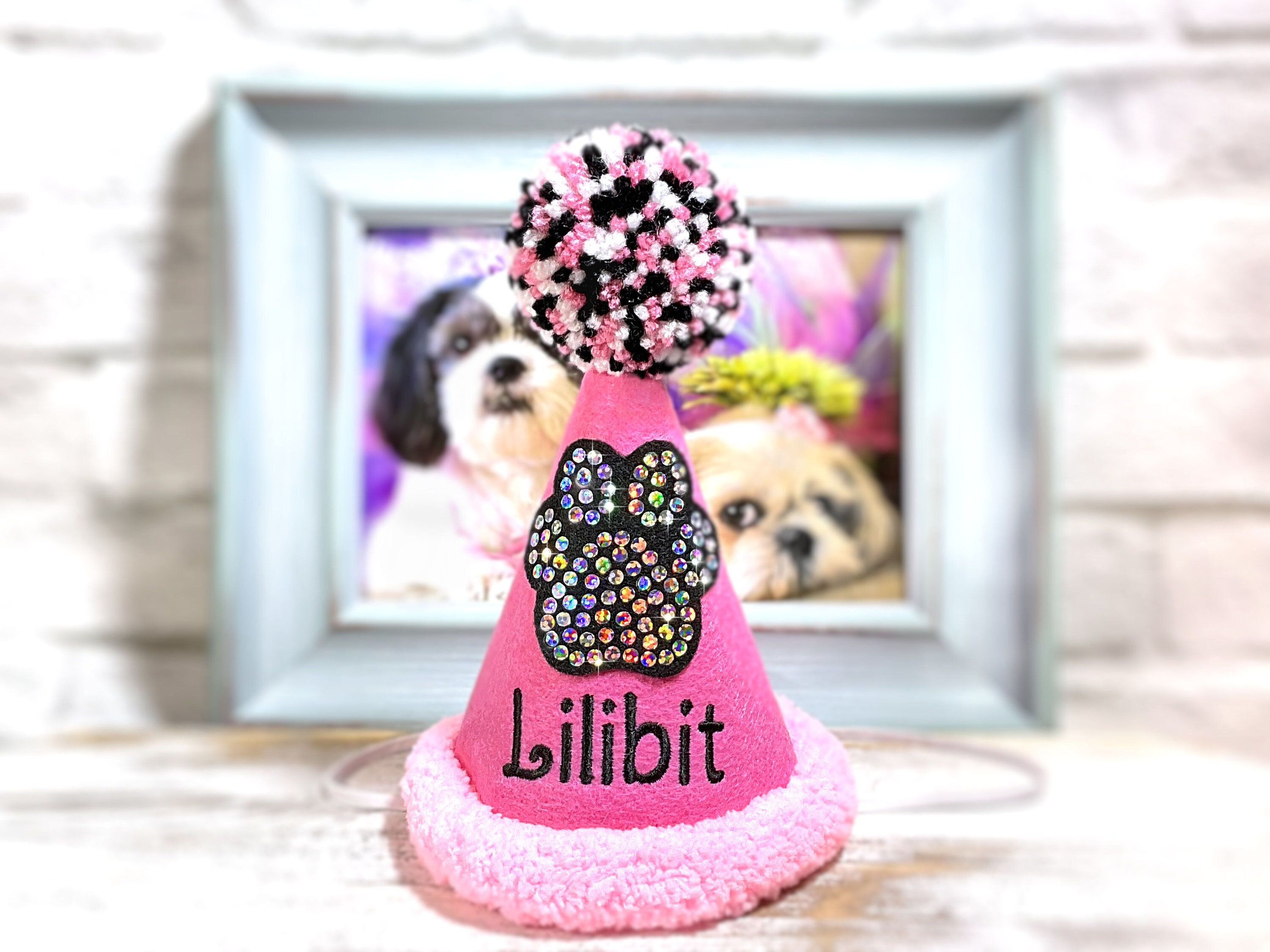 Pink Dog Birthday Hat with Faux Rhinestones and Furry Trim Personalized Bling Dog Paw Pet Party Hat 1st Birthday Party Pampered Pet