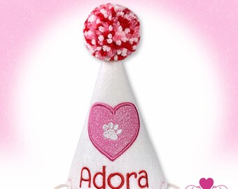 Valentines Dog Birthday Hat | Pink Glitter Heart with Embroidered Paw | Personalized with Pet's Name | February Birthday | Gifts for Pets