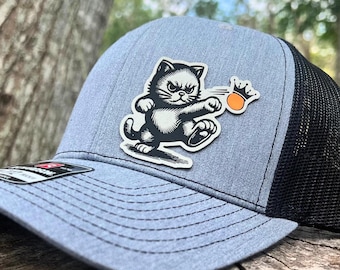No Kings Protest Hat – Funny Cat Punching Crowned Orange Patch, Trucker Hat, Laser Engraved Political Hat, Anti-Authoritarian Gift