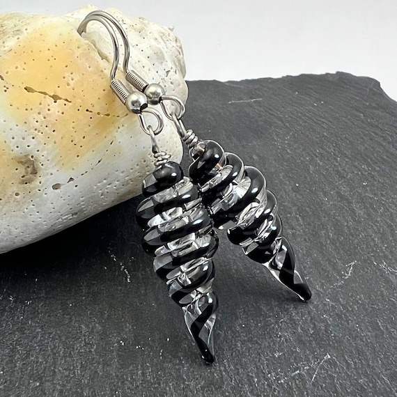 Black Glass Dangle Earrings - Beaded Lampwork Jewelry for Her - Swirl Teardrop Shape Earring Gift