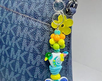 Handmade Beaded Bird Purse Charm Glass Bow Charm Keychain Beaded Bag Accessory