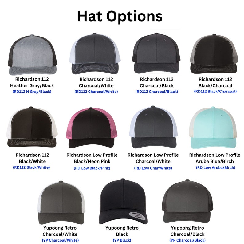 May include: A selection of different styles and colors of baseball caps. The caps are made by Richardson, Richardson Low Profile, and YUPOONG. The caps are available in colors such as black, white, charcoal, gray, pink, blue, and birch.