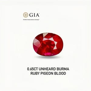 May include: An oval-shaped ruby gemstone with a rich red colour. The gem is described as 0.65CT UNHEARD BURMA RUBY PIGEON BLOOD. The GIA logo is displayed at the top, left.
