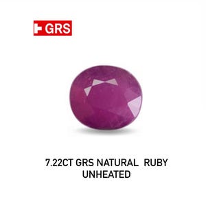 May include: A faceted, oval-shaped, unheated natural ruby gemstone. The ruby is a deep magenta color and is labeled as 7.22CT GRS. The GRS logo is in the upper left corner.