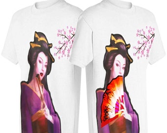 3D Hologram geanimeerd T-shirt, Geisha met Japanse ventilator en Sakura print, Manga T-shirt