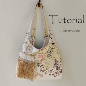 May include: Cream-colored tote bag with a vintage travel theme. Features a map design, floral accents, and a butterfly. Includes a fringe detail and the word "Paris". The bag has cream-colored straps and metal hardware. The word "Tutorial" is written on the wall.