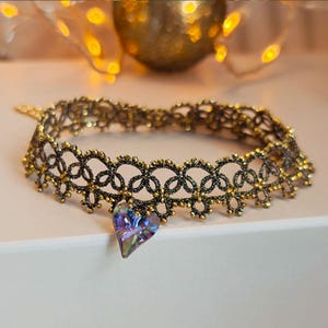 Gold Vintage Lace Choker Necklace with Heart Crystal Pendant – Handmade Tatting
