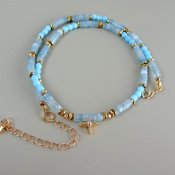 Aquamarine short choker necklace of natural seashell beads ,everyday jewelry, tour de cou de plage ,jewelry for girls.