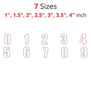 May include: A white background displays the numbers 0 through 9, each outlined in a reddish-brown color. Above the numbers, the text "7 Sizes" is in red. Below the text are the sizes: 1", 1.5", 2", 2.5", 3", 3.5", and 4" inch.