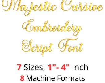 Majestic Cursive Broderitypsnitt • Elegant alfabet • Satinsömbokstäver • 7 storlekar • BX ingår • Maskinbroderitypsnitt