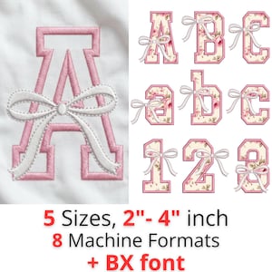 May include: Pink embroidered letters and numbers with floral patterns and white bows. The letters and numbers are in a varsity style. The image includes the letters A, B, C, a, b, c, and the numbers 1, 2, and 3. The sizes range from 2 to 4 inches.