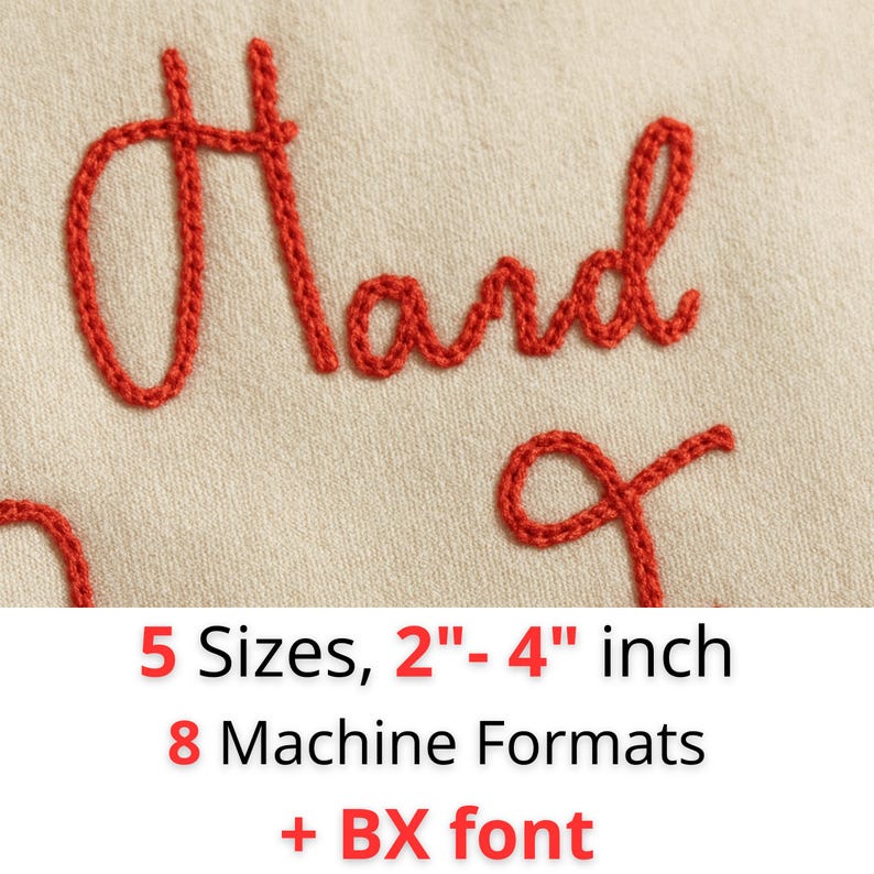 Puede incluir: Primer plano de la palabra "Hard" bordada en hilo rojo sobre una tela beige. La imagen tambi&eacute;n incluye texto que indica la disponibilidad de 5 tama&ntilde;os, que van de 5,08 a 10,16 cm, y 8 formatos de m&aacute;quina, m&aacute;s una fuente BX.