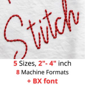 May include: Close-up of the word "Stitch" embroidered in red thread on white fabric. The text below reads: "5 Sizes, 5-10 cm", "8 Machine Formats", and "+ BX font". The image showcases a craft or embroidery design.