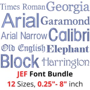 Könnte beinhalten: Ein digitales Stickschrift-Paket mit den Namen Times Roman, Georgia, Arial, Garamond, Arial Narrow, Calibri, Old English, Elephant, Block und Harrington in blauem Garn. Der Text enthält JEF Font Bundle und 12 Sizes, 0,64 cm- 20,32 cm.