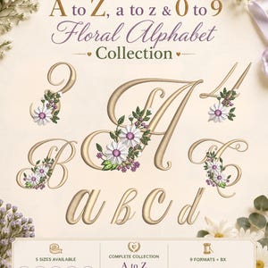 May include: A digital embroidery design set titled A to Z, a to z & 0 to 9 Floral Alphabet Collection. It features gold cursive letters decorated with white and purple daisy-like flowers and green leaves. Includes 5 sizes from 2 to 4 inches.