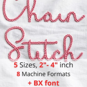 May include: Pink embroidered text on white fabric reads "Chain Stitch." Below, the text "5 Sizes, 5-10 cm" and "8 Machine Formats + BX font" are displayed in black and red.