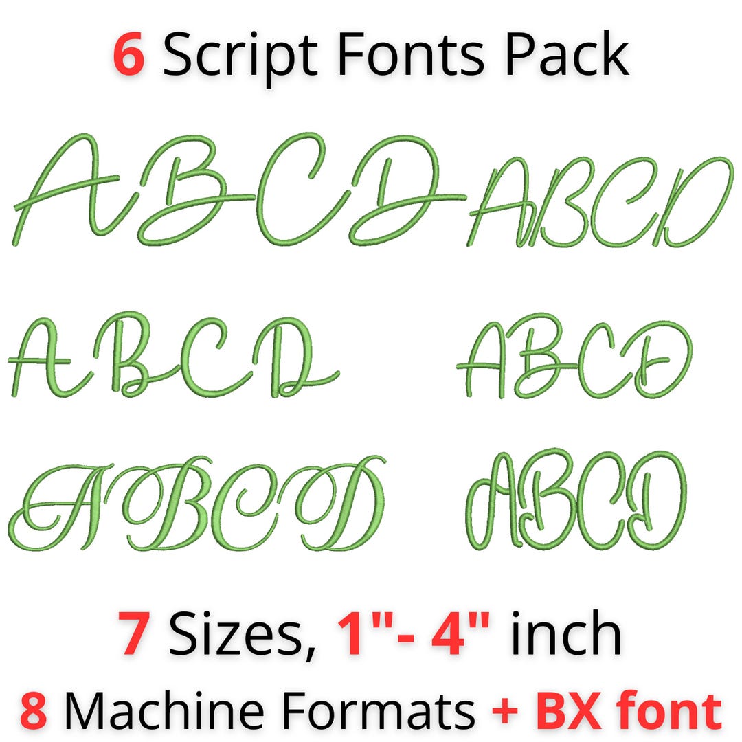 6 Script Embroidery Fonts Pack | Script Alphabet Embroidery Fonts | BX ...