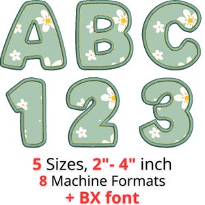 May include: A set of embroidered letters and numbers in a soft green color, decorated with white and yellow floral patterns. The letters and numbers are outlined with a gold stitch. The text on the image says "5 Sizes, 2"-4" inch".