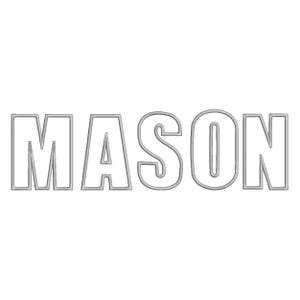 May include: The name "MASON" in a bold, outlined font. The letters are white with a gray outline, set against a plain white background. The design is simple and clean, suitable for various applications.