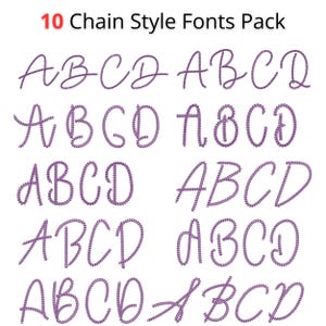 Peut inclure: Graphique numérique présentant dix polices de caractères de style chaîne. Les lettres A, B, C et D sont affichées dans chaque police, démontrant la variété des styles. Le texte "10 Chain Style Fonts Pack" est en haut en rouge.