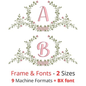 Puede incluir: Dos diseños de coronas florales con las letras "A" y "B" en rosa claro. Las coronas están compuestas por hojas verdes, flores rosas y un racimo central de rosas. El texto en la parte inferior dice "Frame & Fonts - 2 Sizes" y "9 Machine Formats + BX font".
