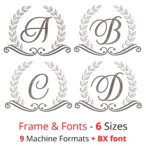 Laurel Monogram Frame Embroidery Font | 6 Sizes | Script Alphabet with Frame | BX Font | 9 Machine Formats