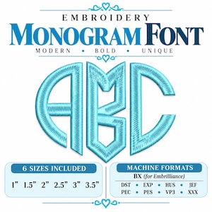 Puede incluir: Fuente de monograma para bordar con las letras ABC en estilo de hilo azul claro. El texto incluye 6 tamaños de 1 a 3.5 pulgadas y formatos de máquina como BX, DST, EXP, HUS, JEF, PEC, PES, VP3 y XXX.
