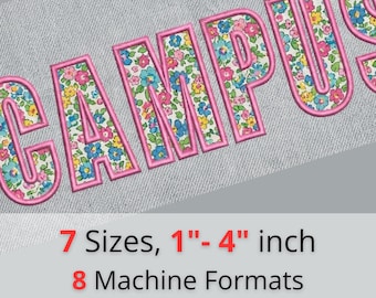 May include: Embroidered word "CAMPUS" in a floral pattern with a pink outline. The text below reads "7 Sizes, 1"-4" inch", "8 Machine Formats", and "+ BX font". The background is a light gray fabric.