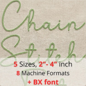 May include: Green chain stitch embroidery text on a beige fabric background. The words "Chain Stitch" are displayed in a cursive font. The text below reads "5 Sizes, 2"-4" inch, 8 Machine Formats, + BX font."