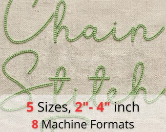 Chain Stitch Script Embroidery Font | Hand Stitch Look Alphabet | 5 Sizes 2"-4" | 8 Machine Formats + BX Font | Instant Download