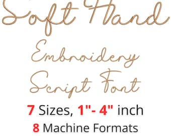 Soft Hand Embroidery Font • Thin Handwritten Script Alphabet • Satin Stitch Letters • 7 Sizes • BX Included • Machine Embroidery Font