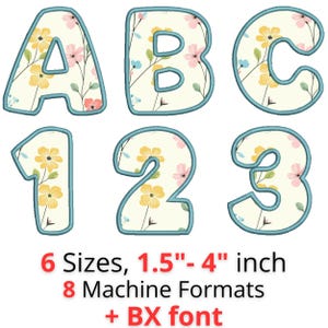 May include: Embroidered floral letters and numbers, including A, B, C, 1, 2, and 3. The letters and numbers are filled with a cream floral pattern and outlined in teal. The image also includes the text: 6 Sizes, 3.8cm-10.2cm, 8 Machine Formats + BX font.