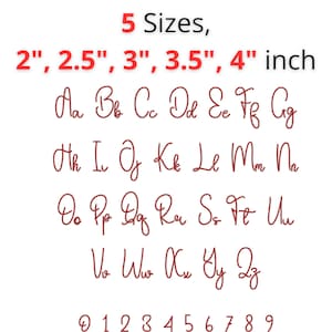 Puede incluir: Fondo blanco con texto rojo que muestra el alfabeto, los n&uacute;meros y las opciones de tama&ntilde;o. El texto incluye las letras de la A a la Z, los n&uacute;meros del 0 al 9 y los tama&ntilde;os 5,08 cm, 6,35 cm, 7,62 cm, 8,89 cm y 10,16 cm.