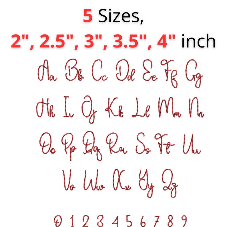 Puede incluir: Fondo blanco con texto rojo que muestra el alfabeto, los n&uacute;meros y las opciones de tama&ntilde;o. El texto incluye las letras de la A a la Z, los n&uacute;meros del 0 al 9 y los tama&ntilde;os 5,08 cm, 6,35 cm, 7,62 cm, 8,89 cm y 10,16 cm.
