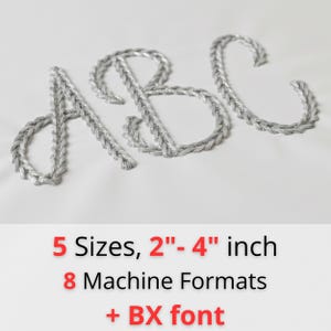 May include: Embroidered silver letters A, B, and C on a white background. The letters are in a decorative font. The image also includes text that reads: 5 Sizes, 2"-4" inch, 8 Machine Formats, and + BX font.