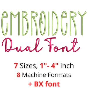 Peut inclure: Graphique de conception numérique avec les mots "EMBROIDERY" en vert et "Dual Font" en rose. Le texte ci-dessous indique "7 tailles, 2,5 cm-10 cm", "8 formats de machine" et "+ police BX".