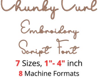 Chunky Curl-broderitypsnitt • Lekfullt alfabet • Tjocka satinsömsbokstäver • 7 storlekar • BX ingår • Maskinbroderitypsnitt