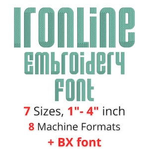 以下が含まれることがあります： 画像には、ターコイズ色のテクスチャフォントで「Ironline Embroidery Font」という単語が表示されています。その下に、「7サイズ、2.5cm～10cm」、「8つのマシンフォーマット」、および「+ BXフォント」が赤と黒のテキストで表示されています。このフォントは刺繍用です。