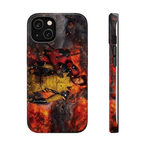 May include: A phone case featuring a graphic of Deadpool and Wolverine in a fiery battle. The case is black with a red and yellow design.