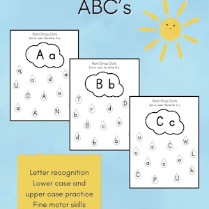 Página para colorear del alfabeto de gotas de lluvia / imprimible para preescolar / actividad de aprendizaje / reconocimiento del alfabeto y letras