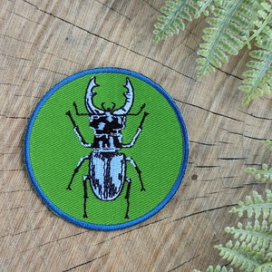 Stag Beetle Iron On Patch: Green Embroidered Insect Bug applique stocking stuffer
