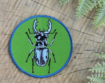 Stag Beetle Iron On Patch: Green Embroidered Insect Bug applique stocking stuffer