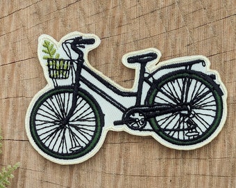 Vintage Bike Patch: Fern Basket, Iron-On Bicycle applique stocking stuffer