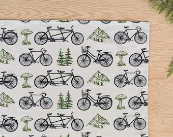 Hand-Screenprinted Bike Flour Sack Tea Towel: Vintage Bicycle Kitchen Decor with Trees, Mountains, Mushrooms