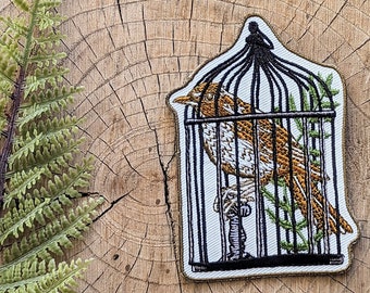 bird patch | robin patch | cage patch | caged bird patch | bird iron on patch | bird gift | robin gift