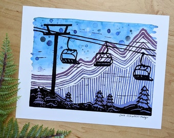 SALE | ski lift art | chair lift art | ski art | snowboard art | blockprint | ski wall art | ski watercolor art