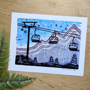 SALE ski lift art chair lift art ski art snowboard art blockprint ski wall art ski watercolor art image 1