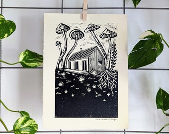 mushroom block print | mushroom linocut | house print | house blockprint | mushroom house print | mushroom art | mushroom wall art