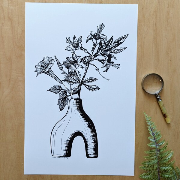 Angel's Trumpet & Azalea Art Print: Poisonous Flower Still Life Drawing